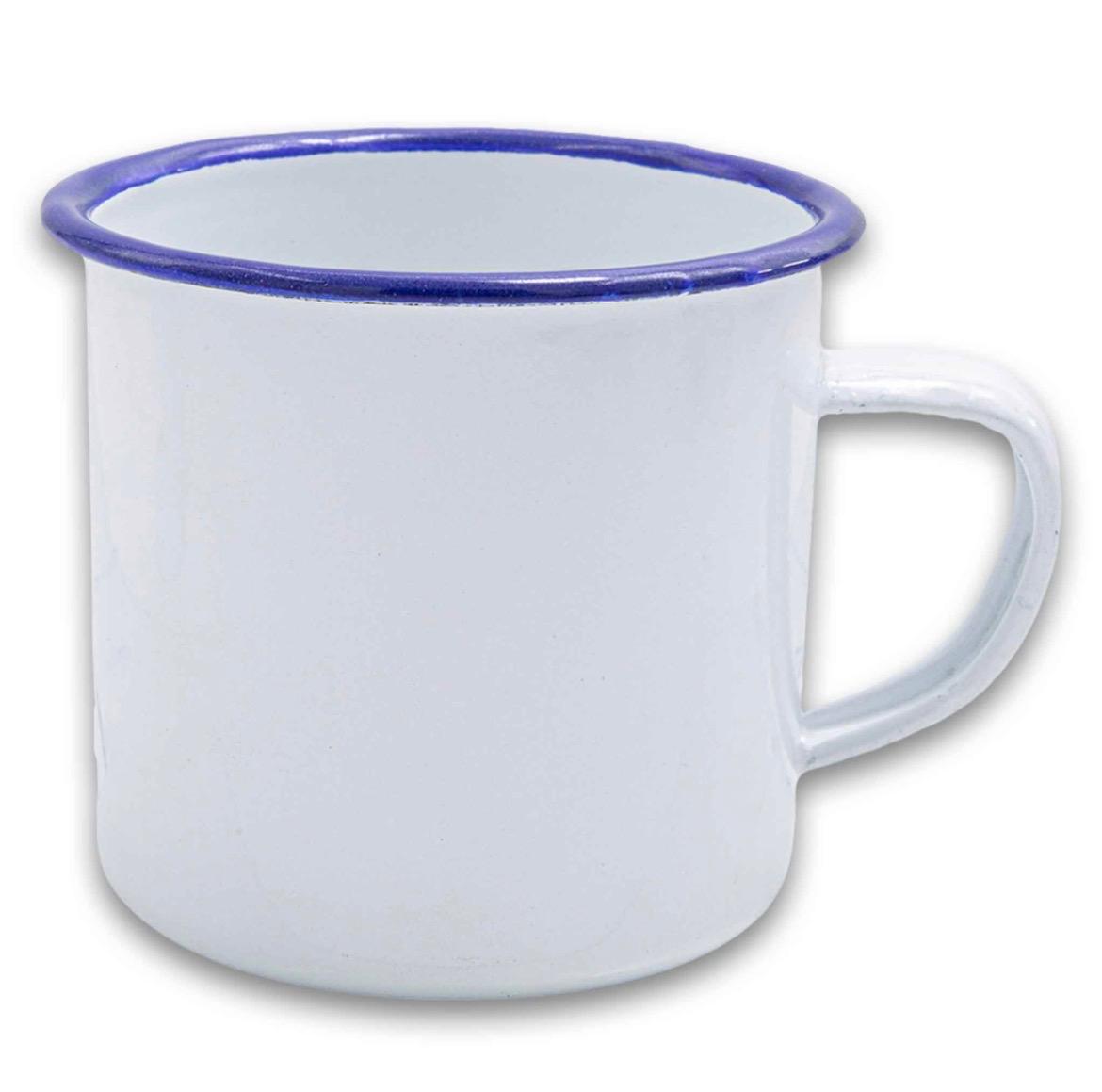White and blue enamel mug